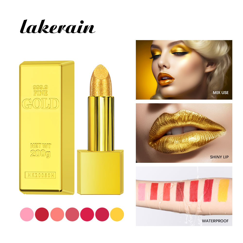 lakerain源头工厂跨境爆款创意彩妆黄金口红 lipstick私模 丝绒哑光小金块口红金粉正红色