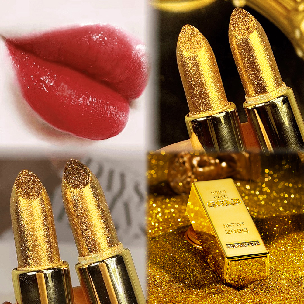 lakerain源头工厂跨境爆款创意彩妆黄金口红 lipstick私模 丝绒哑光小金块口红金粉正红色