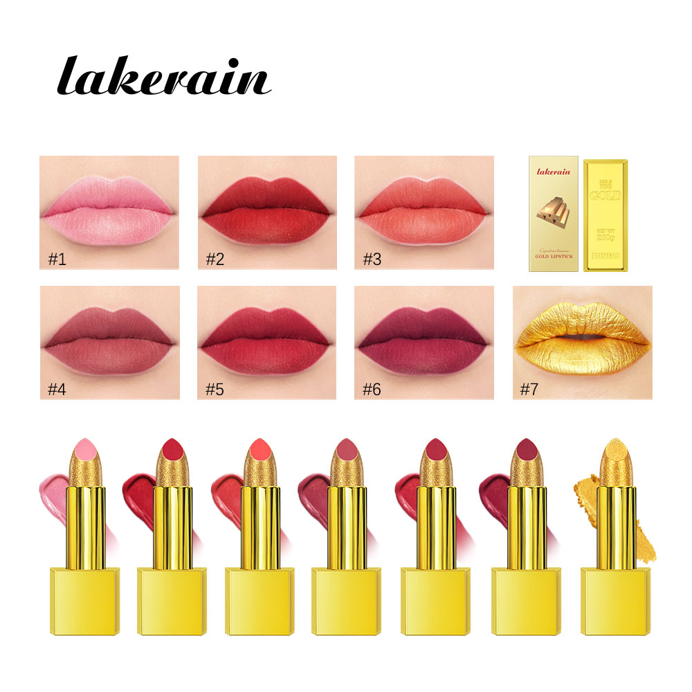 lakerain源头工厂跨境爆款创意彩妆黄金口红 lipstick私模 丝绒哑光小金块口红金粉正红色