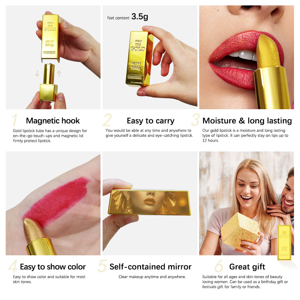 lakerain源头工厂跨境爆款创意彩妆黄金口红 lipstick私模 丝绒哑光小金块口红金粉正红色