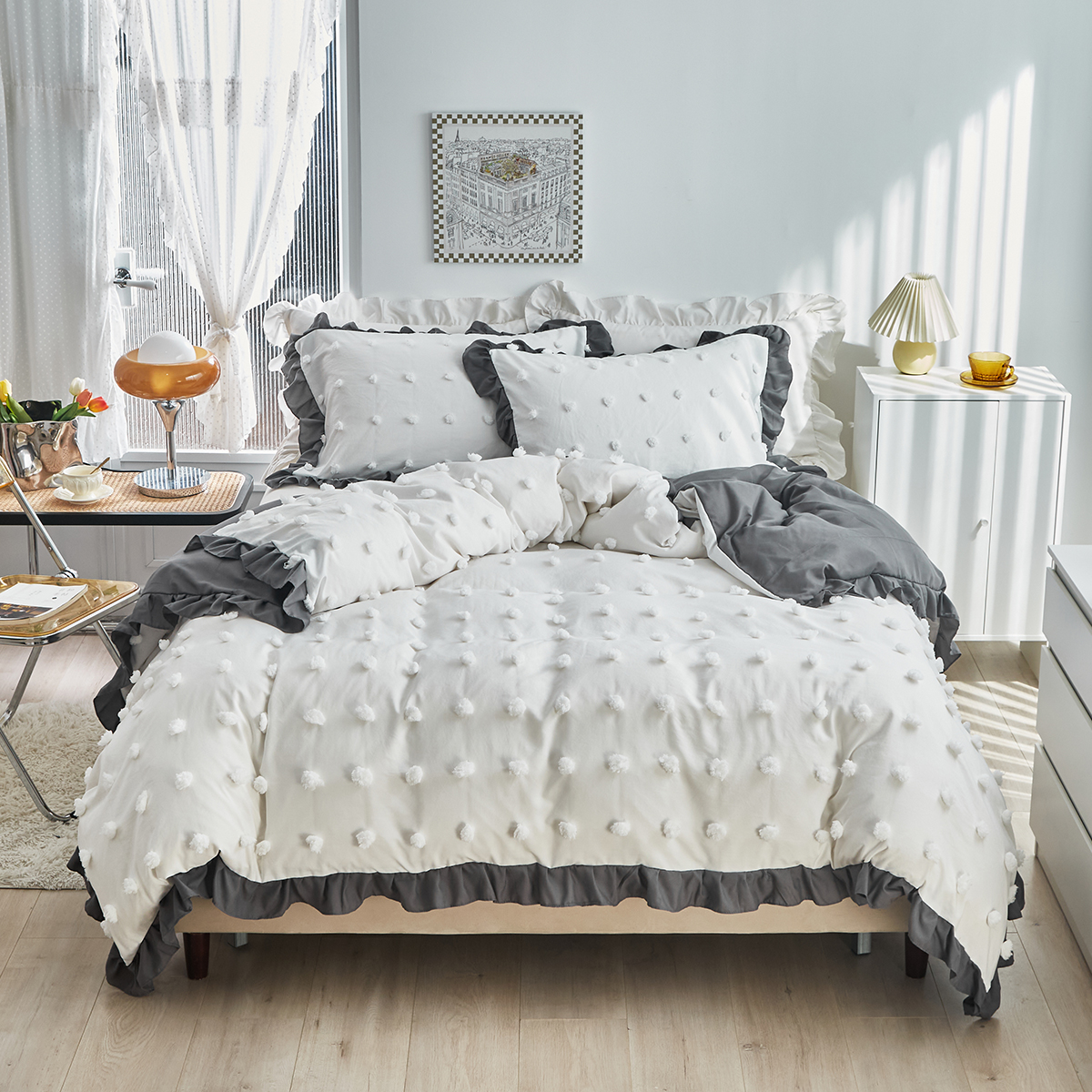 跨境速卖通床上用品工艺款纯色剪花点点毛球球荷叶边外贸三件套