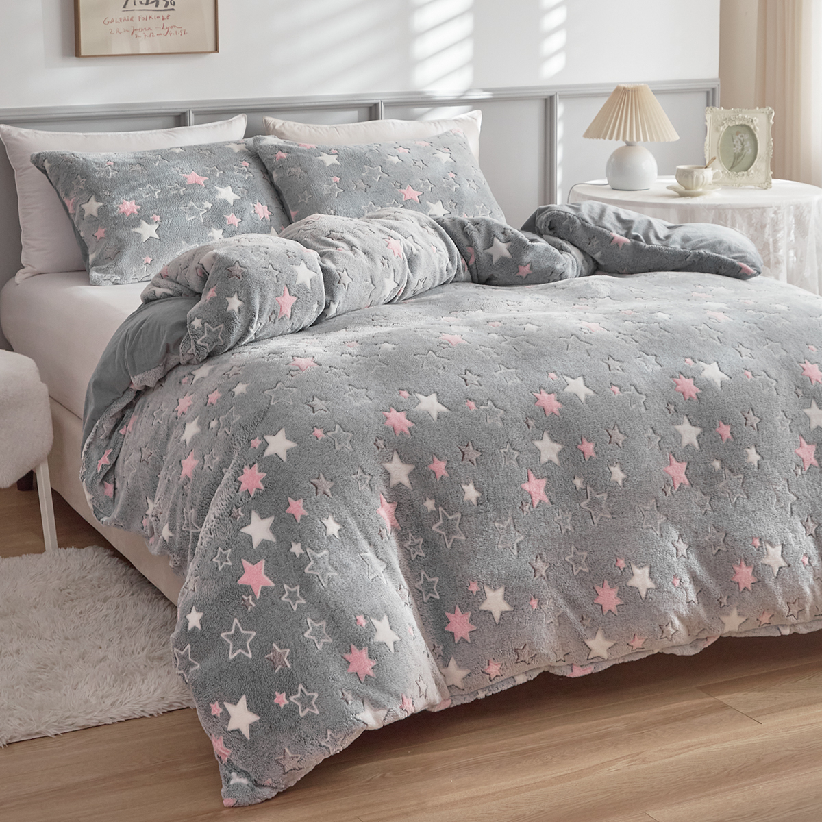 跨境家纺欧美床上用品外贸卡通动物系列夜光法兰绒被套枕套三件套