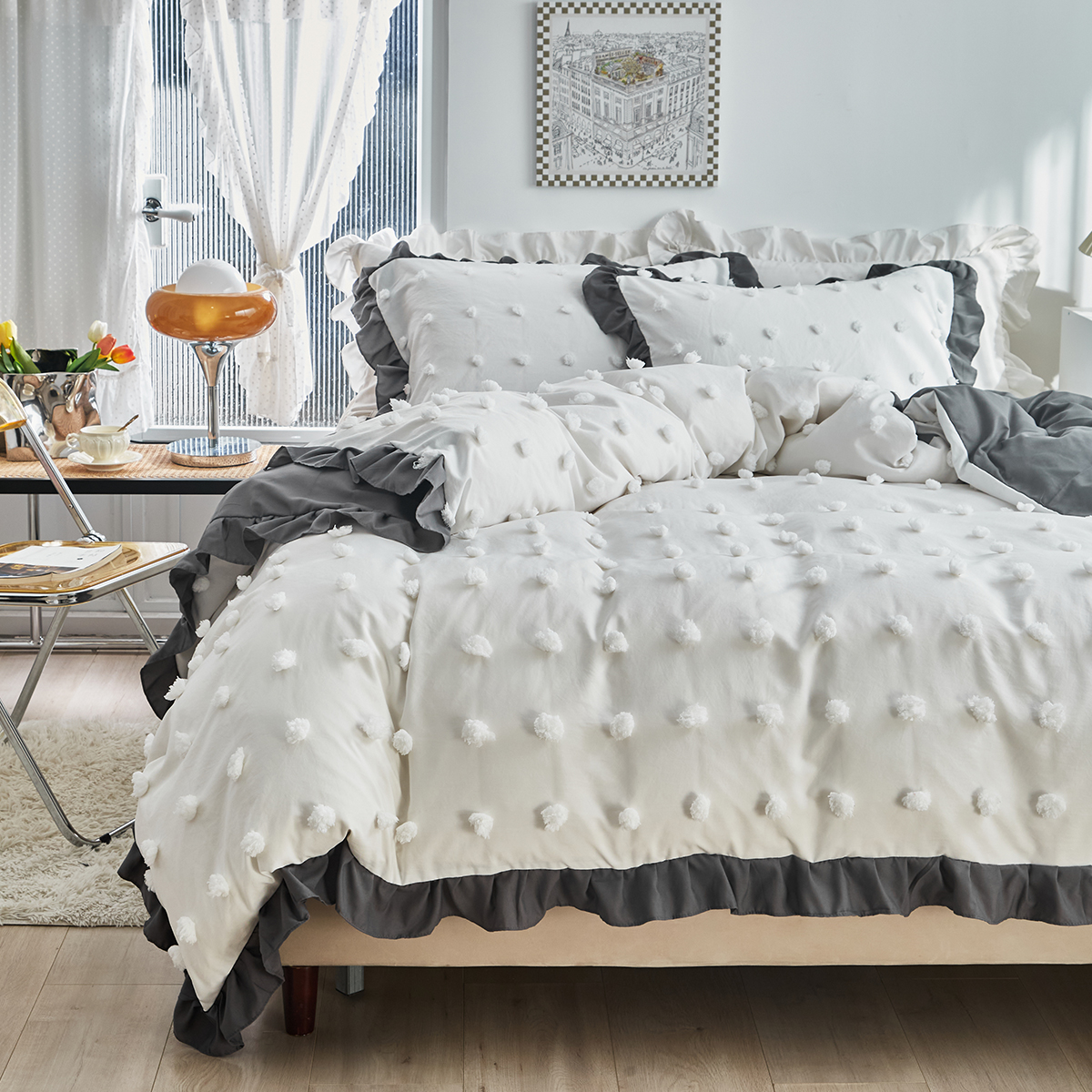 跨境速卖通床上用品工艺款纯色剪花点点毛球球荷叶边外贸三件套