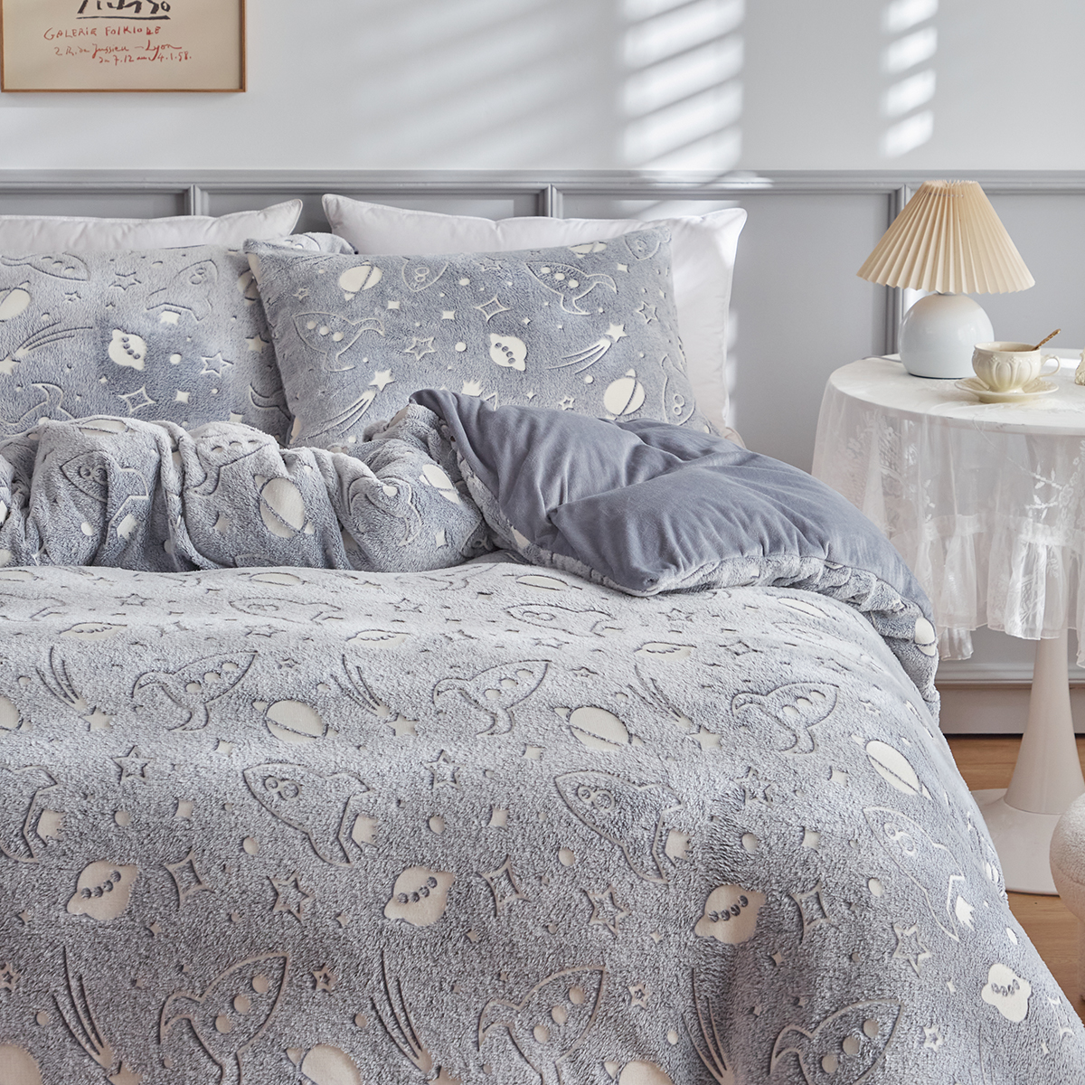 跨境家纺欧美床上用品外贸卡通动物系列夜光法兰绒被套枕套三件套