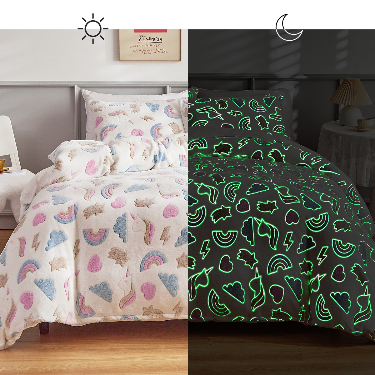 跨境家纺欧美床上用品外贸卡通动物系列夜光法兰绒被套枕套三件套