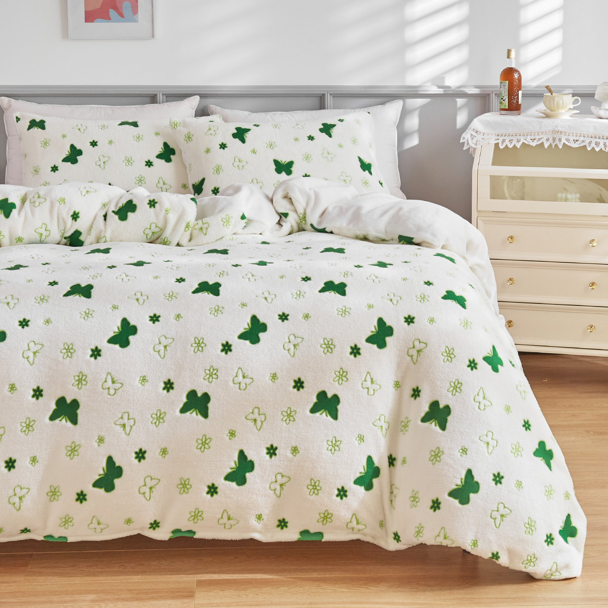 跨境家纺欧美床上用品外贸卡通动物系列夜光法兰绒被套枕套三件套